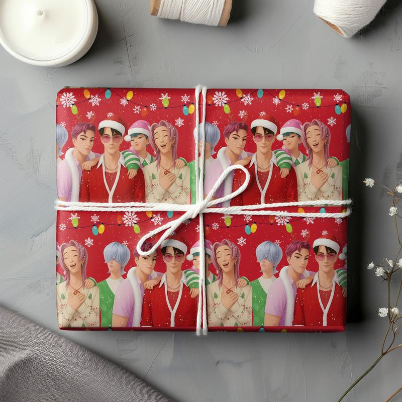 Kpop Demon Hunters Christmas Wrapping Paper, Saja Boys Huntrix Christmas Gift Wrap Papers for Holiday Celebrations, Xmas Wrapping Paper