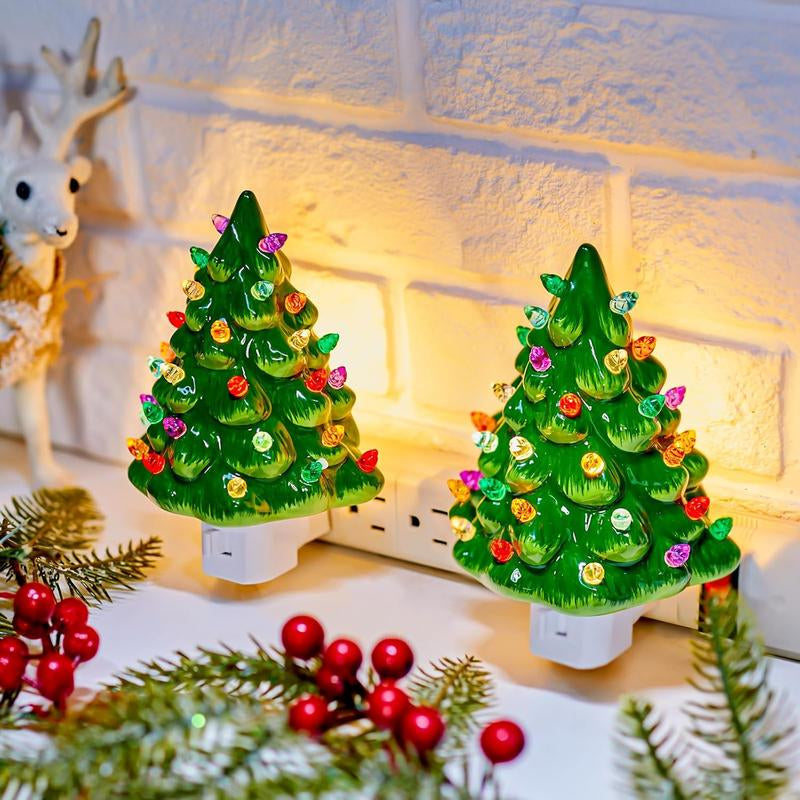 Brightown Ceramic Christmas Tree Night Light - 1/2 Pack 5.2" Christmas Decorative Ceramic Tree with On/Off Switch, Vintage Christmas Night Light for Bedroom Bathroom Living Room Porch Holiday Decor