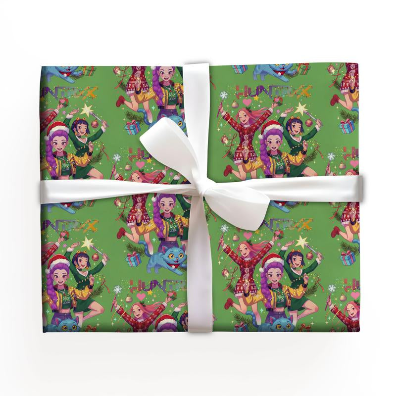 Kpop Demon Hunters Christmas Wrapping Paper, Saja Boys Huntrix Christmas Gift Wrap Papers for Holiday Celebrations, Xmas Wrapping Paper
