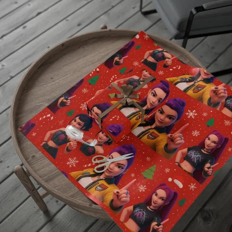 Kpop Demon Hunters Christmas Wrapping Paper, Saja Boys Huntrix Christmas Gift Wrap Papers for Holiday Celebrations, Xmas Wrapping Paper