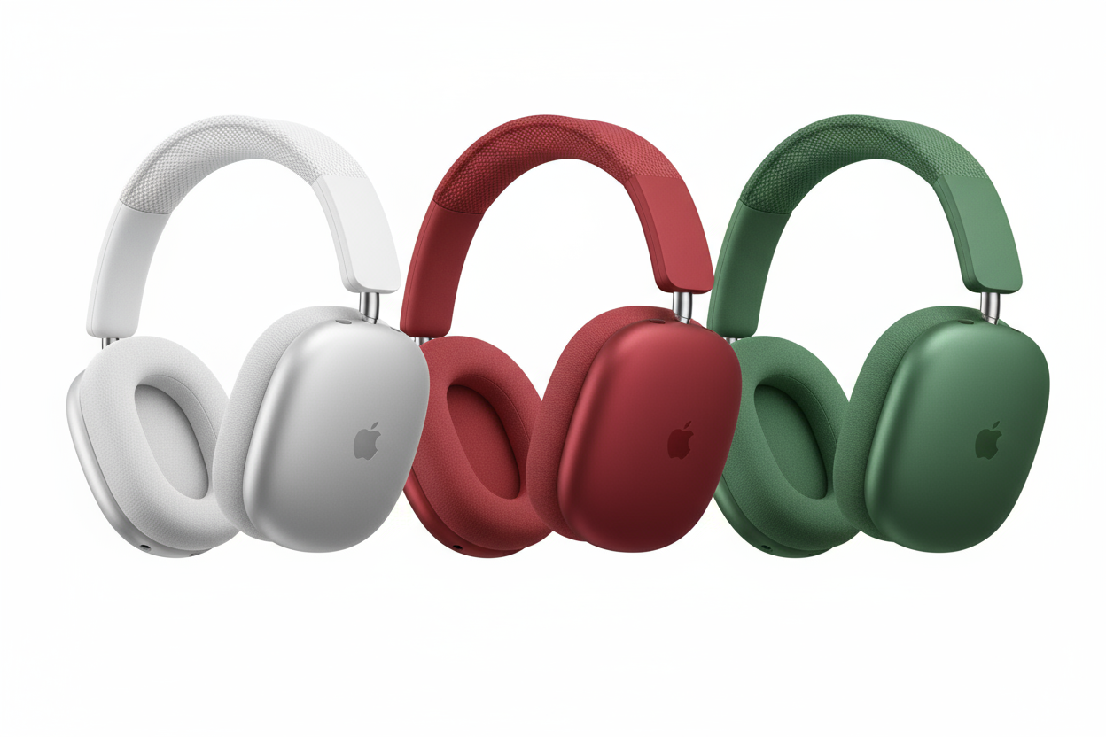 3 AirPods Max in white background 
White, Red, Green