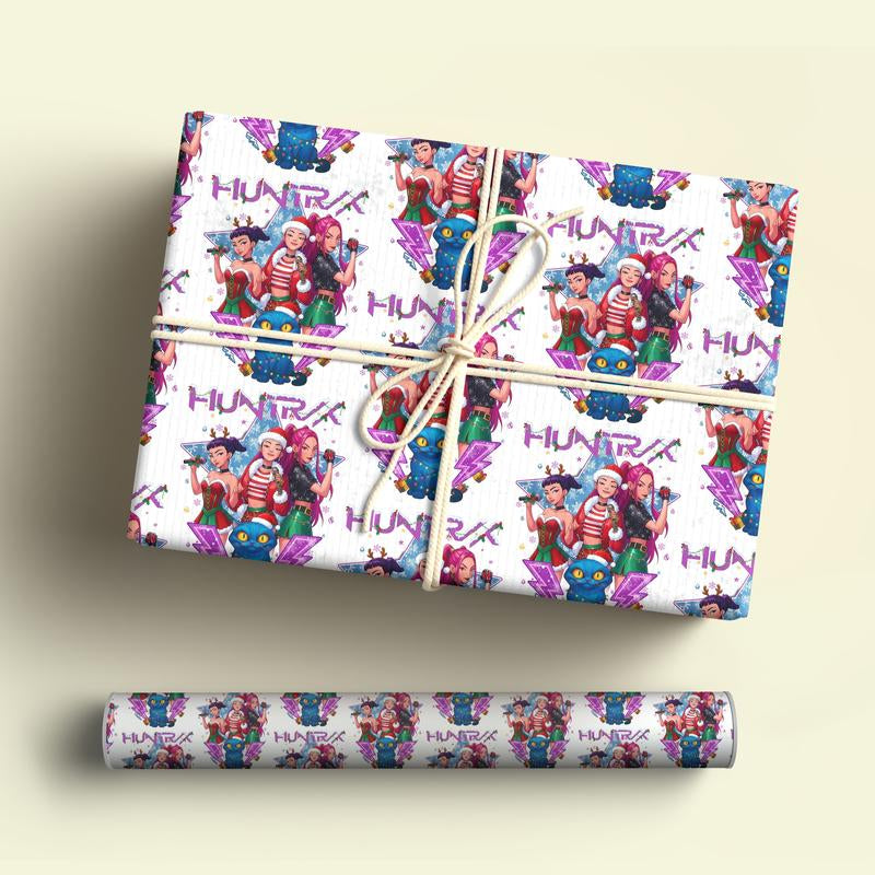 Kpop Demon Hunters Christmas Wrapping Paper, Saja Boys Huntrix Christmas Gift Wrap Papers for Holiday Celebrations, Xmas Wrapping Paper