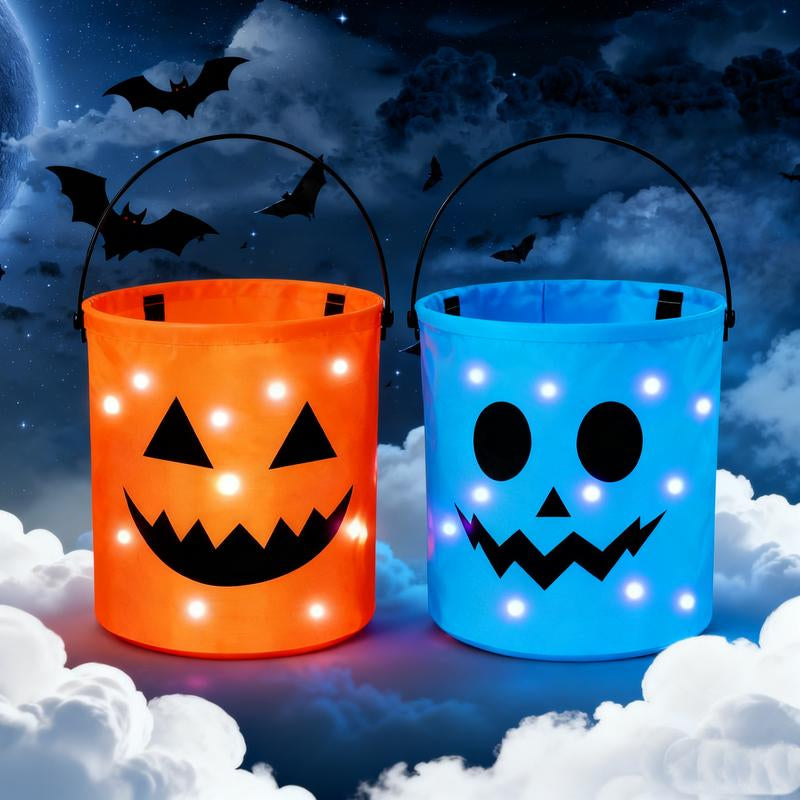 Illuminated Halloween Baskets (2 Pack) - Trick or Treat Buckets for Kids, LED Pumpkin Gift Totes, Versatile Goodie Bags