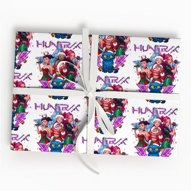Kpop Demon Hunters Christmas Wrapping Paper, Saja Boys Huntrix Christmas Gift Wrap Papers for Holiday Celebrations, Xmas Wrapping Paper