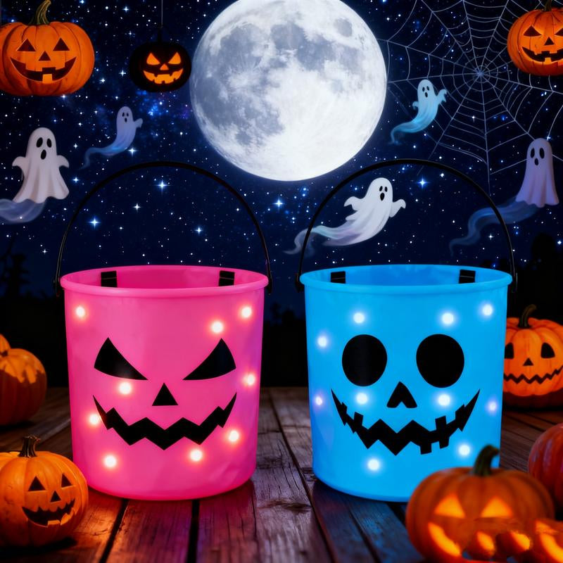 Illuminated Halloween Baskets (2 Pack) - Trick or Treat Buckets for Kids, LED Pumpkin Gift Totes, Versatile Goodie Bags