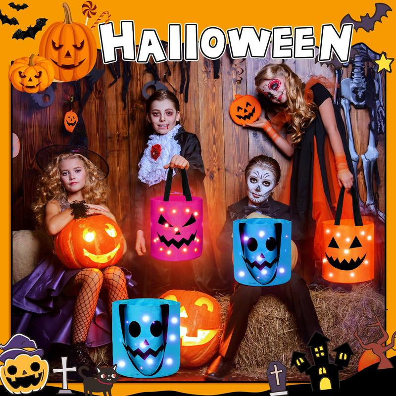 Illuminated Halloween Baskets (2 Pack) - Trick or Treat Buckets for Kids, LED Pumpkin Gift Totes, Versatile Goodie Bags