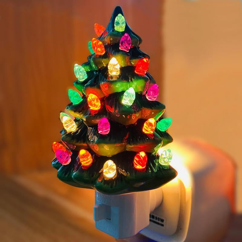 Brightown Ceramic Christmas Tree Night Light - 1/2 Pack 5.2" Christmas Decorative Ceramic Tree with On/Off Switch, Vintage Christmas Night Light for Bedroom Bathroom Living Room Porch Holiday Decor
