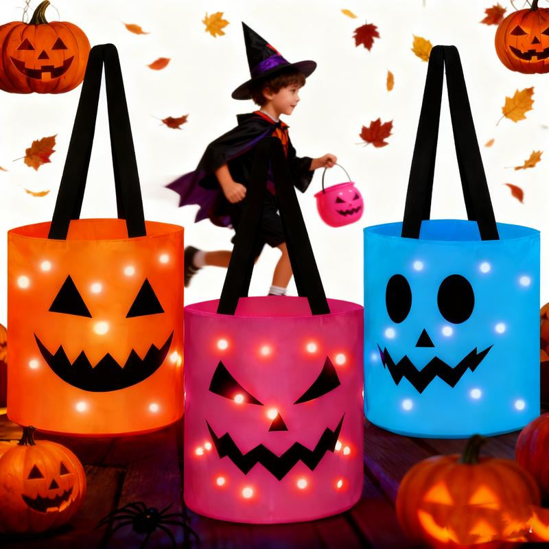 Illuminated Halloween Baskets (2 Pack) - Trick or Treat Buckets for Kids, LED Pumpkin Gift Totes, Versatile Goodie Bags