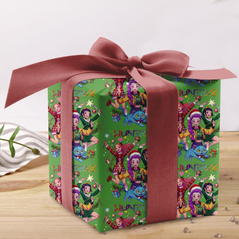 Kpop Demon Hunters Christmas Wrapping Paper, Saja Boys Huntrix Christmas Gift Wrap Papers for Holiday Celebrations, Xmas Wrapping Paper