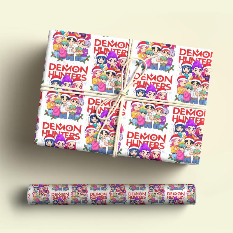 Kpop Demon Hunters Christmas Wrapping Paper, Saja Boys Huntrix Christmas Gift Wrap Papers for Holiday Celebrations, Xmas Wrapping Paper