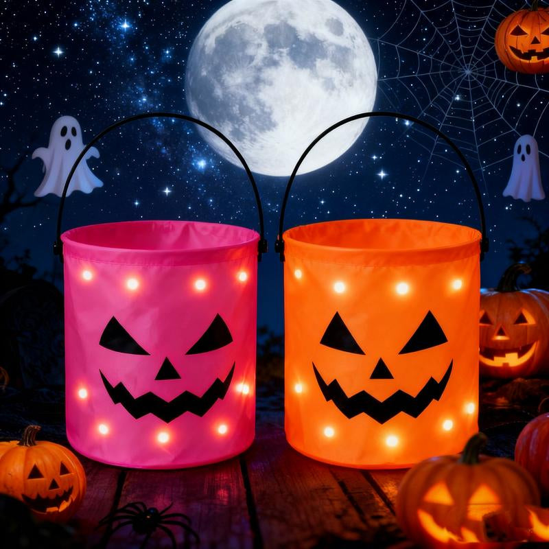 Illuminated Halloween Baskets (2 Pack) - Trick or Treat Buckets for Kids, LED Pumpkin Gift Totes, Versatile Goodie Bags