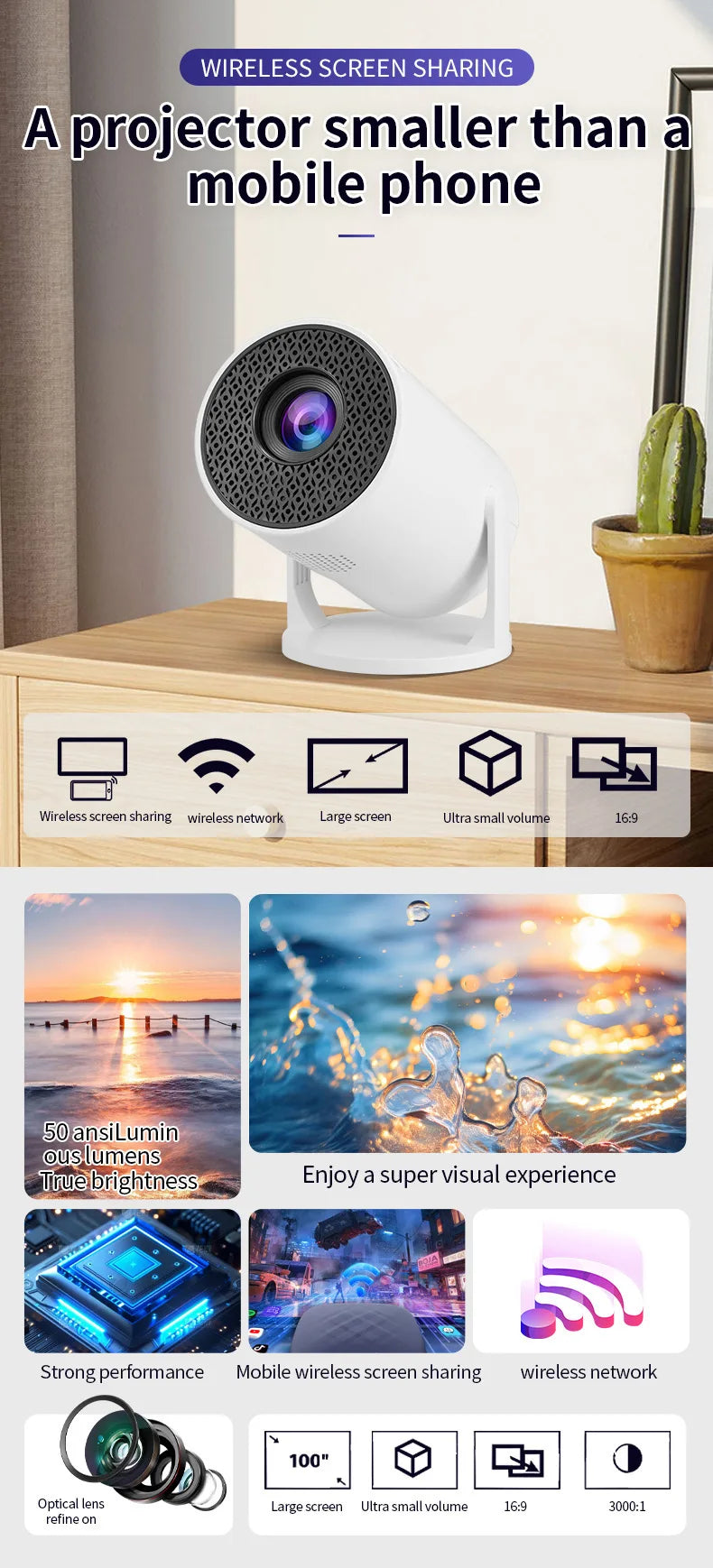 P30 PRO Smart Mini Projector – Android 14, WiFi 6, BT 5.0, 4K Supported, 1280×720P, Portable Home & Outdoor Theater