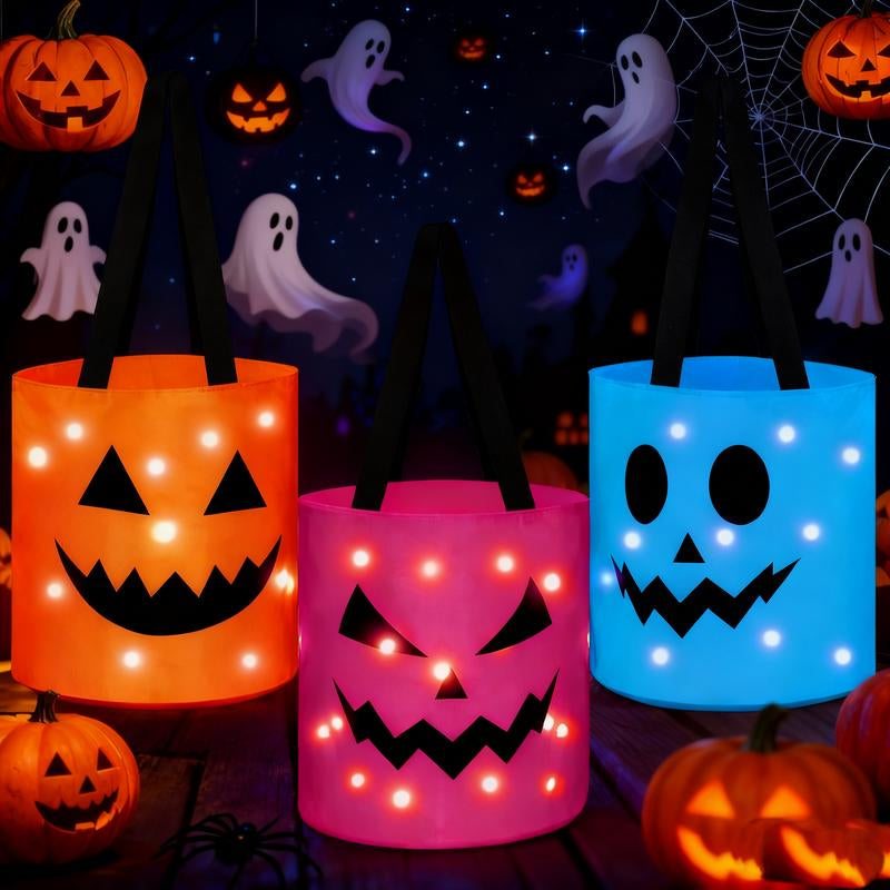 Illuminated Halloween Baskets (2 Pack) - Trick or Treat Buckets for Kids, LED Pumpkin Gift Totes, Versatile Goodie Bags