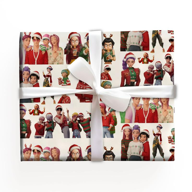 Kpop Demon Hunters Christmas Wrapping Paper, Saja Boys Huntrix Christmas Gift Wrap Papers for Holiday Celebrations, Xmas Wrapping Paper