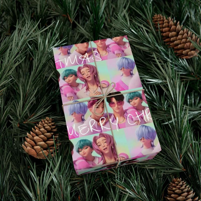 Kpop Demon Hunters Christmas Wrapping Paper, Saja Boys Huntrix Christmas Gift Wrap Papers for Holiday Celebrations, Xmas Wrapping Paper
