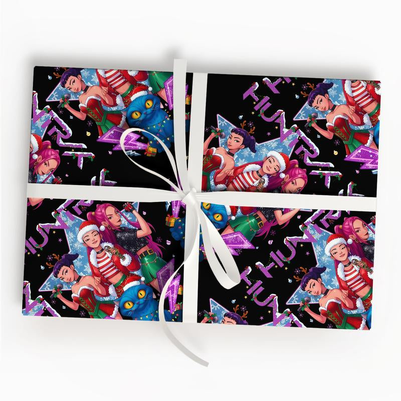 Kpop Demon Hunters Christmas Wrapping Paper, Saja Boys Huntrix Christmas Gift Wrap Papers for Holiday Celebrations, Xmas Wrapping Paper