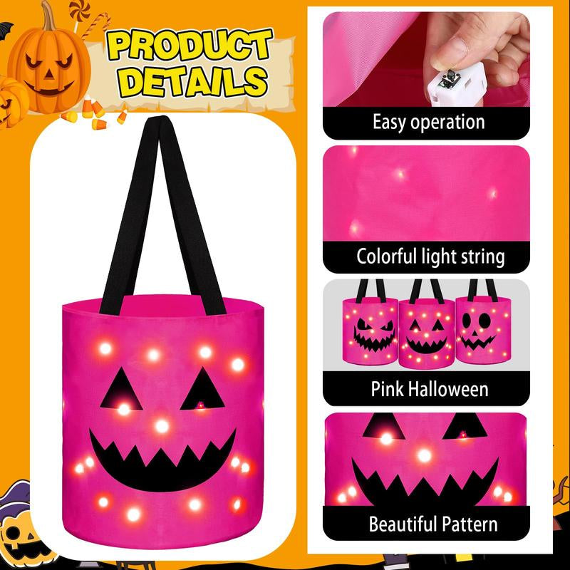 Illuminated Halloween Baskets (2 Pack) - Trick or Treat Buckets for Kids, LED Pumpkin Gift Totes, Versatile Goodie Bags